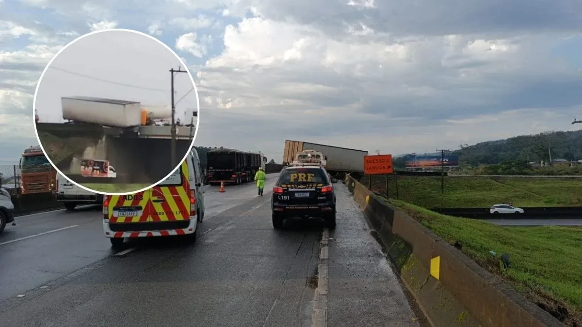 Acidente deixa carreta parcialmente pendurada e bloqueia viaduto em Garuva