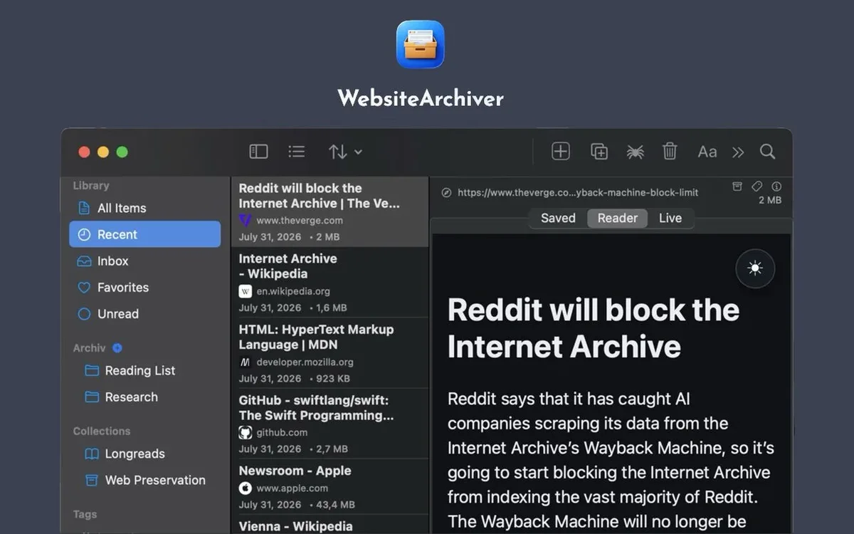 WebsiteArchiver arquiva páginas da web e permite acesso offline no macOS