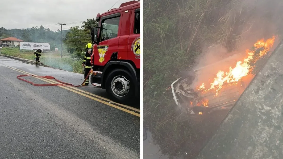 Bombeiros usam três mil litros de água após incêndio em carro na BR-470