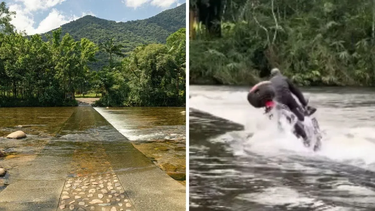 Estrutura sobre o rio em Guaratuba tem orientação para travessia de motos