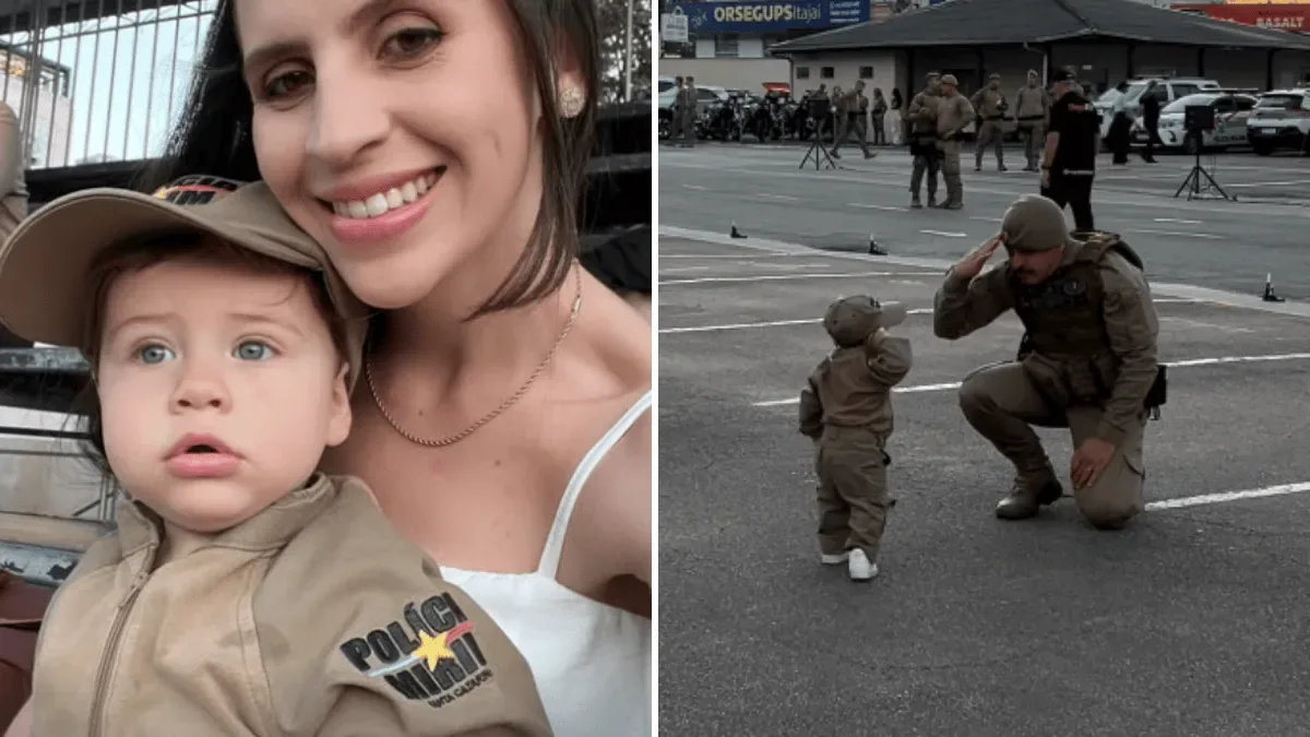 Bebê de 1 ano presta continência ao avô durante formatura da PM em Itajaí