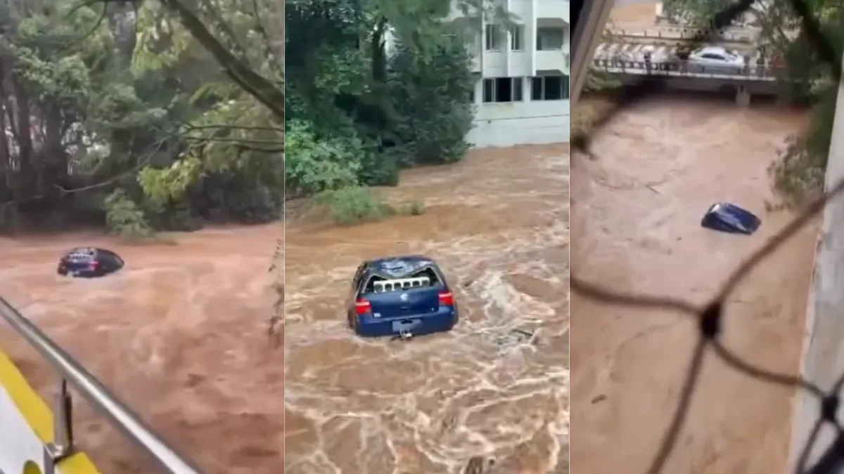 Enxurrada arrasta carro após transbordamento do Rio do Tigre em Joaçaba